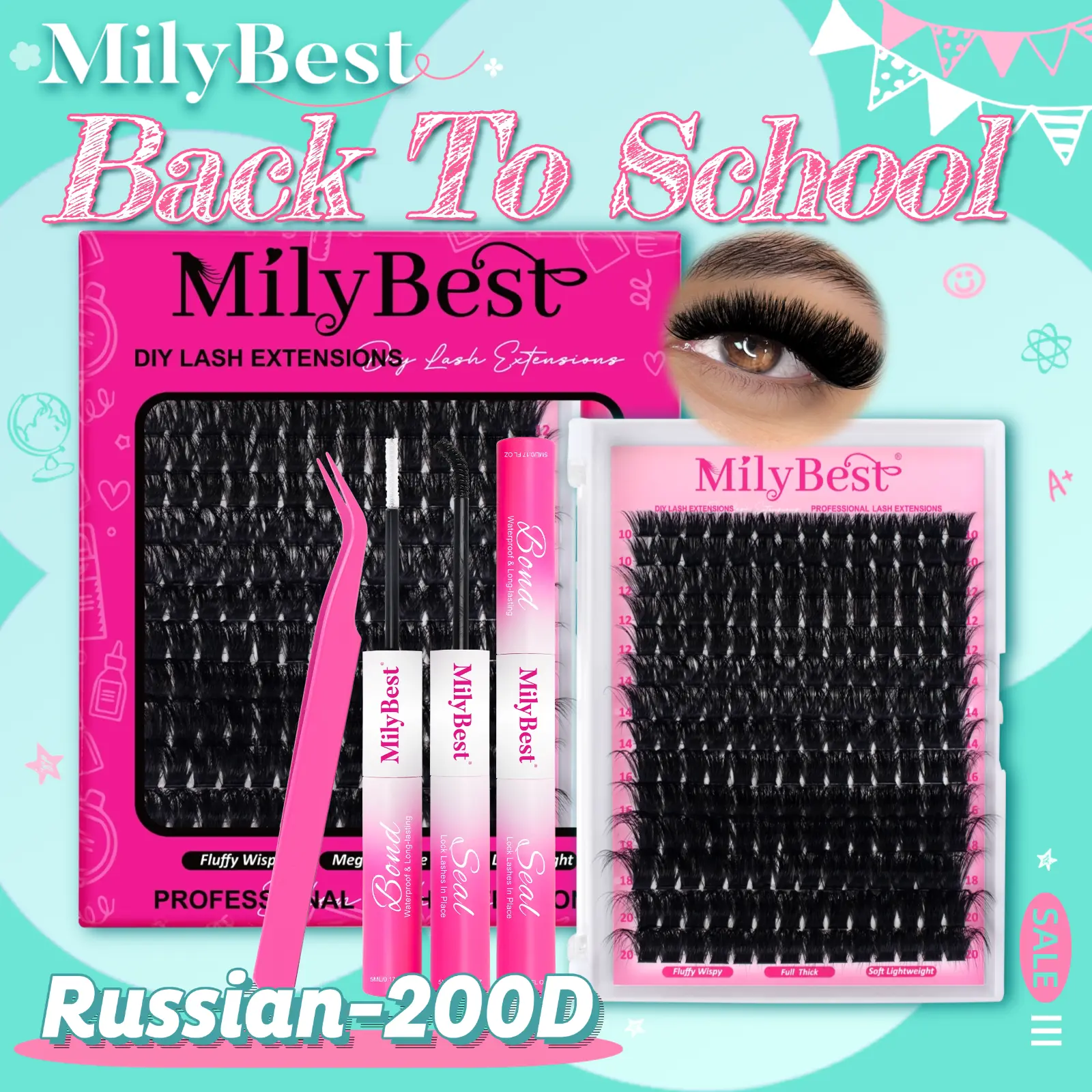 Milybest 200D Ultra Volume Cluster Lashes Bundle, 10-20mm D Curl Russian Lashes, 196PCS 0.07mm Individual Clusters for Adults' Daily Wear DIY Extensions,back to school