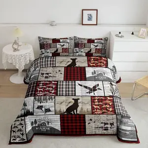 Duck Hunting Dog Luxury Bedding Set,Plaid Rustic Cabin Comforter Set,Mallard Duck Comforter,Geometric Checkered Camping Hunting Duvet Set