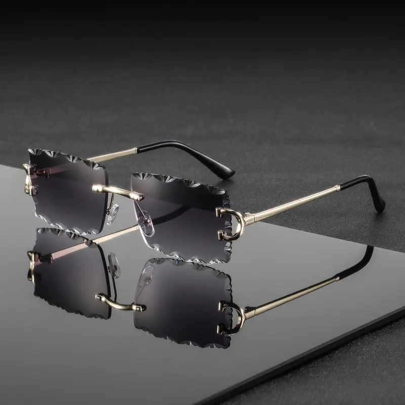Men's Metal Frame Geometric Pattern Lenses Square Rimless Fashionable Frames Sunglasses, High-End Luxurious Style, Daily Commute Photography Decor