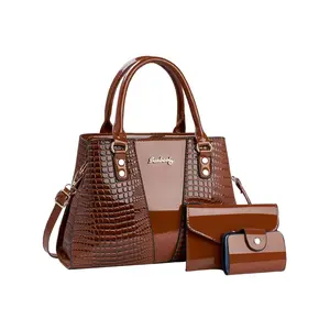 Women's 3-Piece Handbag Set Crocodile Pattern Patent Leather Top Handle Satchel Shoulder Bag & Wallet with Crossbody