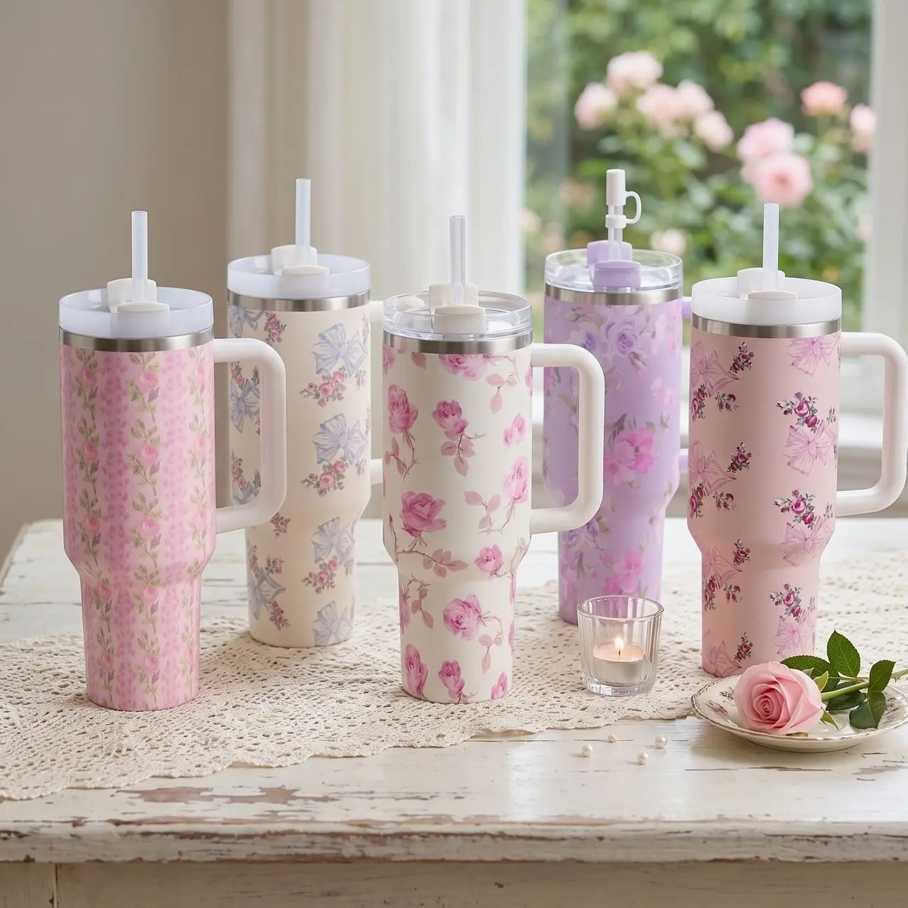 LoveShackFancy Inspired 40oz Stainless Steel Tumbler with Handle and Straw - Vintage Floral Coquette Bows Insulated Travel Mug, Cupholder Friendly