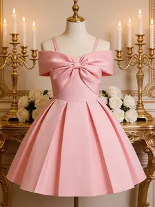 Bow Dress for Girls, Knee Length Princess Dress, Party Dresses, Piano Performance, Choir Hostess Gown, Elegant High-End Dress