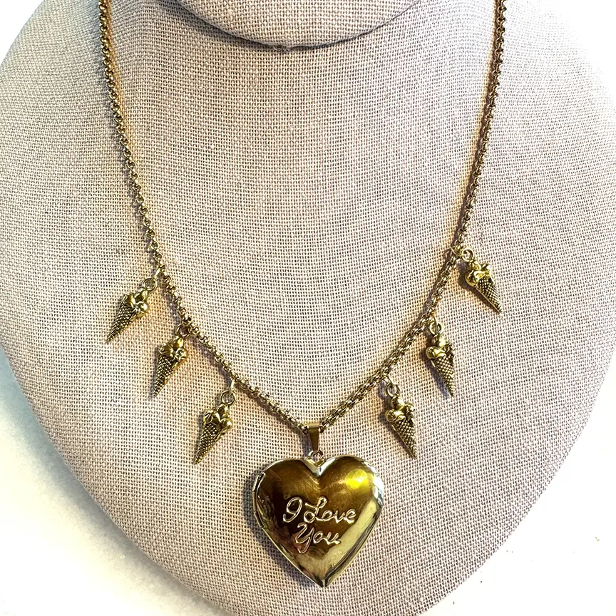 I Love You Heart Locket & Ice Cream Charms Necklace - 16" GOLD CHARM NECKLACE