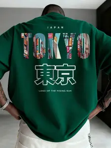 Men's Tokyo Cityscape Graphic Techwear Tee, Wrinkle-Resistant Smooth Fabric Oversized Shirt, Cyberpunk Japanese Print Streetwear Top, Durable & Vibrant Activewear for Urban Travel