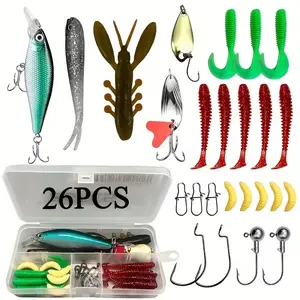 Fishing Set with Dual-Layer Storage Box, Includes Soft Bait, Hard Bait, Fish Hooks, Rotating Sequins, Realistic Frog Lures