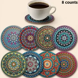 8pcs/Set Wooden Coasters With Mandala Pattern, Suitable For Living Room, Kitchen, Dining Room, Cup Mat, Wine Glass Mat, Round Coaster, Great Gift