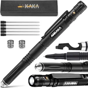 6-in-1 Multifunctional Tactical Pen Includes Self Defense Tip Flashlight Ballpoint Bottle Opener Screwdriver Hexagonal Wrench with 5 Ink Refills 6 Batteries Gift Box