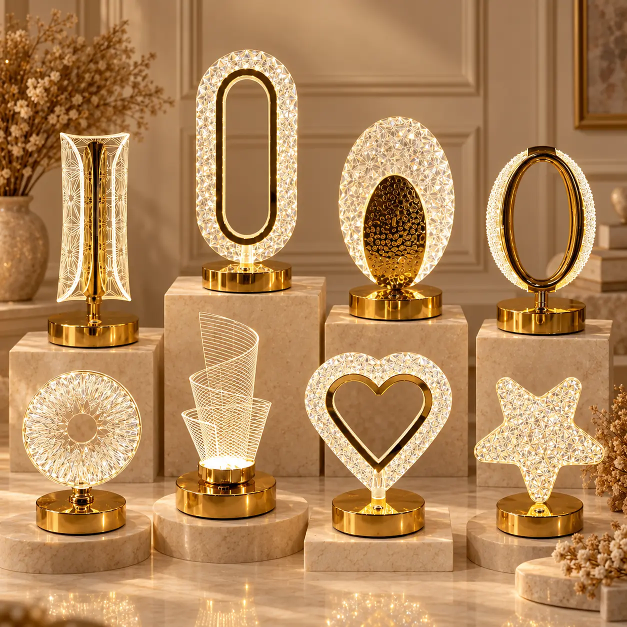 USB Rechargeable Crystal LED Table Lamp, Touch-Control Ambient Night Light with 3 Adjustable Color Modes, 8 Elegant Decorative Styles and Gold-Tone Base for Bedroom, Bedside, Living Room, Desk, Cafe, Wedding, Party & Gift