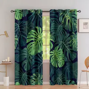 Tropical Rainforest Plant Leaf Curtains Set, 2-Piece Polyester Semi-Transparent Drapes for Bedroom Living Room Office