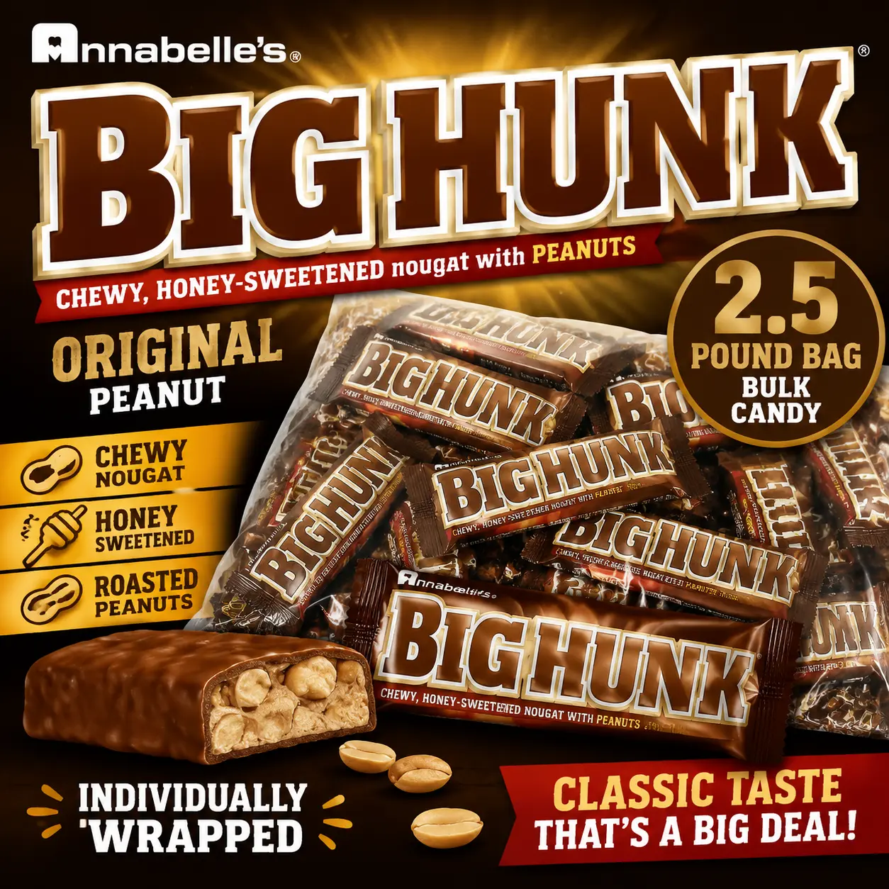 Annabelle Big Hunk Peanut Candy 2.5 lb Bulk Bag  Chewy Nougat & Roasted Peanuts Candy Bars | Individually Wrapped Retro Treats