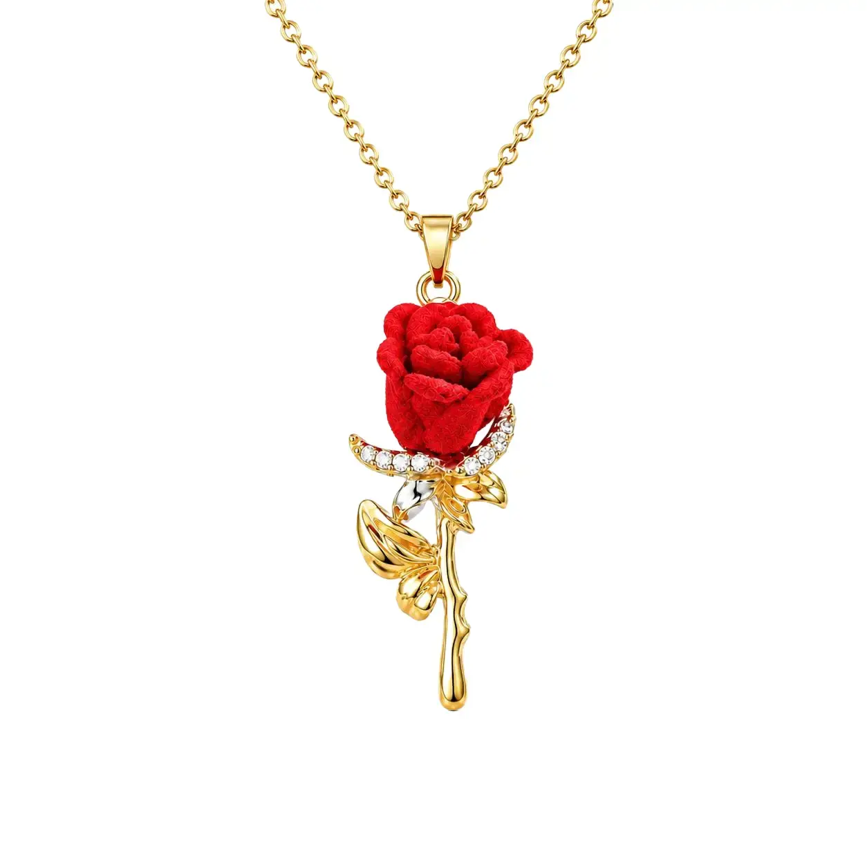 MurrayMuse Velvet Red Rose Necklace, 42cm Copper Alloy Romantic Pendant, Waterproof Hypoallergenic Coquette Vibe Jewelry, Anniversary Accessory, Sparkly CZ Stem