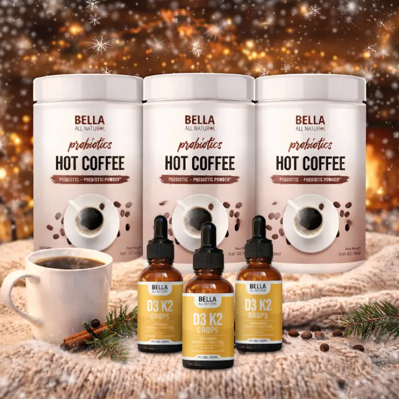 Bella All Natural Probiotics Hot Coffee + D3 K2 Drops 3-Pack
