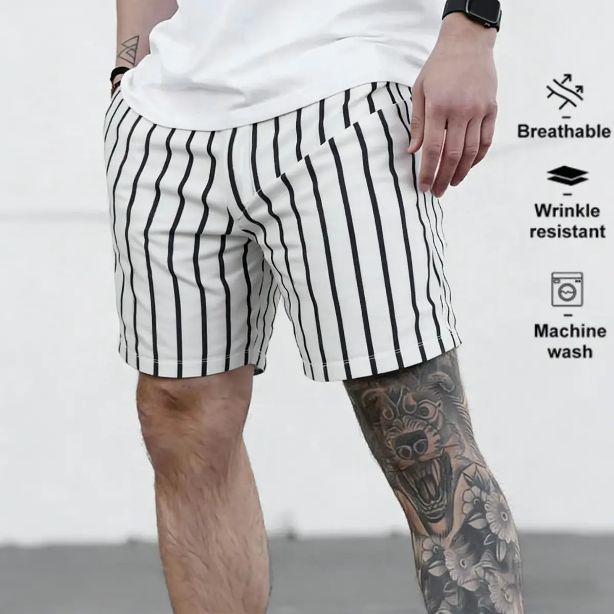 Men's Navy Pinstripe Fitted Cut Shorts - Casual Nautical Summer Vacation Beachwear, Size XL