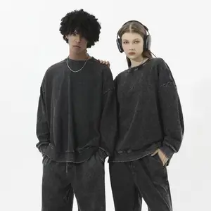 Loose Top High Street Retro Solid-2 Pack Color Worn-Looking Washed-Out Men's and Women's Hip Hop Loose American Round Neck Sweatshirt