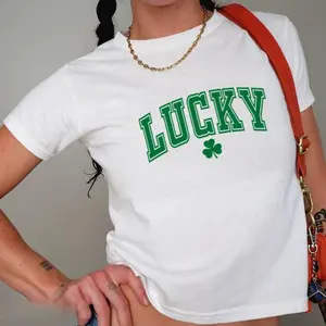 Varsity Lucky 4 Leaf Clover Baby Tee, Four Leaf Clover Baby Tee, St Paddys Tee, St Pattys Day Tee, Y2K Baby Tee, St Patricks Day Crop