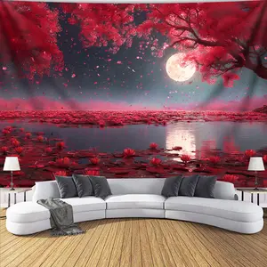 1 piece - extra large size - dream full moon cherry blossom petal rain landscape photo huge digital printing tapestry, polyester aesthetic high definition printing hanging cloth, living room bedroom office family room party decoration