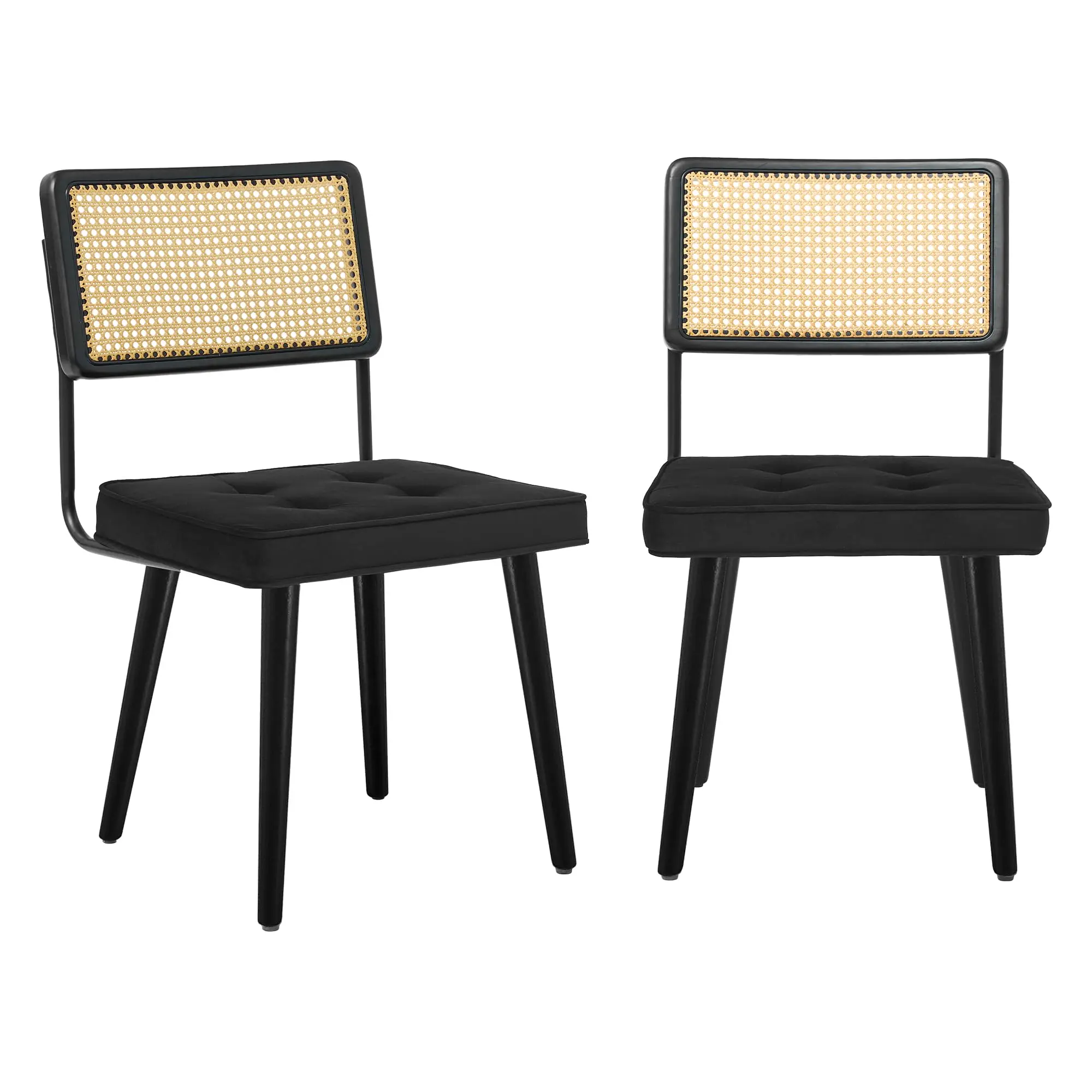 Garvee Natural Rattan Dining Chair with Bohemian Modern Design, Woven Cane Backrest, Black Velvet Padded Seat, Sturdy Wooden Legs, Perfect for Kitchen or Dining Room (Brown-2)