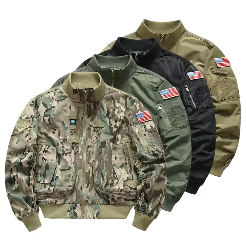 Men’s MA1 Flight Bomber Jacket with American flag patch sleeve, multiple zippered cargo pockets, ribbed stand collar, full zip, windproof military air force coat, oversized unisex tactical outerwear