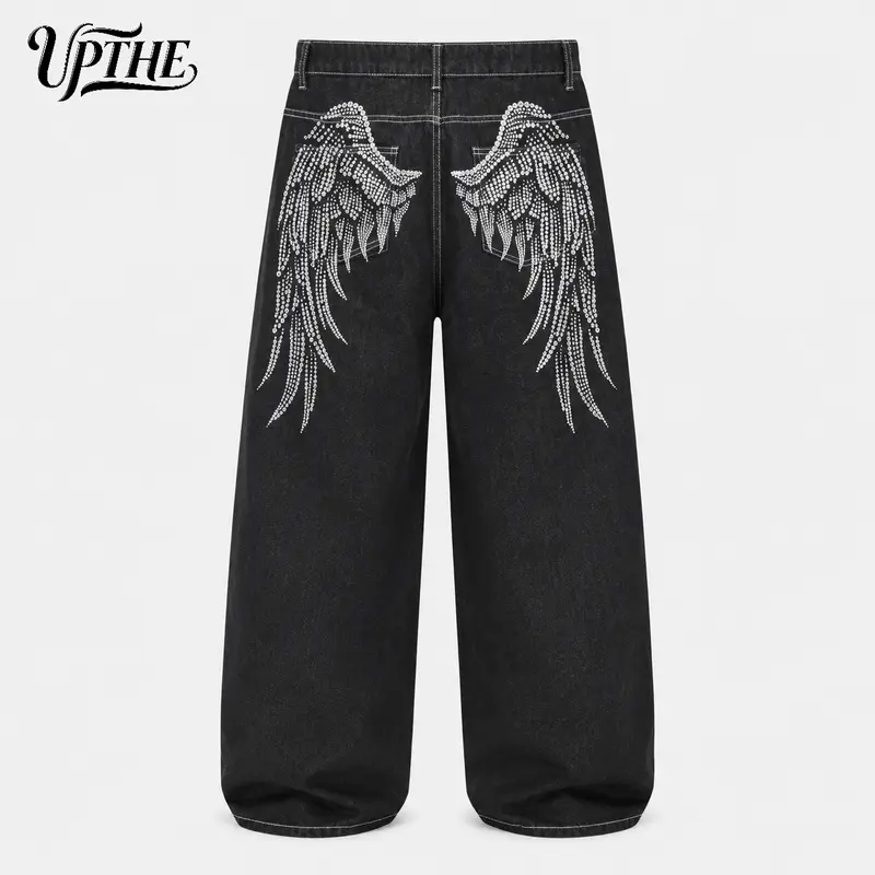 UP THE Men's Loose-Fit Wide-Leg Jeans - Angel Wing Print, Gen X Streetwear, Baggy Pants, Loose Wash Men's Jeans, New Year Relaxed Casual Trousers for Travel, Shopping