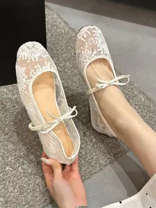 Women's new square-toed lace breathable bow elastic slip-on shoes for outdoor wear, simple and comfortable, lightweight casual Ballet Flats Flat ballet shoes for everyday use