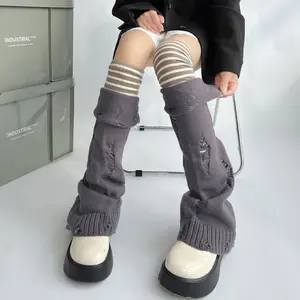 Y2K Subculture Distressed High-Slit Rolled Edge Knit Leg Warmers Sexy High-Value Baddie Stackable Knee-High Fall Winter Fashion Design Sleeves Trendy Statement Piece