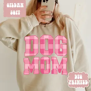 Gildan Soft Pink Dog Mom Plaid Crewneck Unisex Apparel Relaxed Fit Printed in the USA Clothing Womenswear Casual Comfort Cotton Top Athletic Boho Chic Sweatshirt with Soft Fabric and Pre-Shrunk Classic Fit