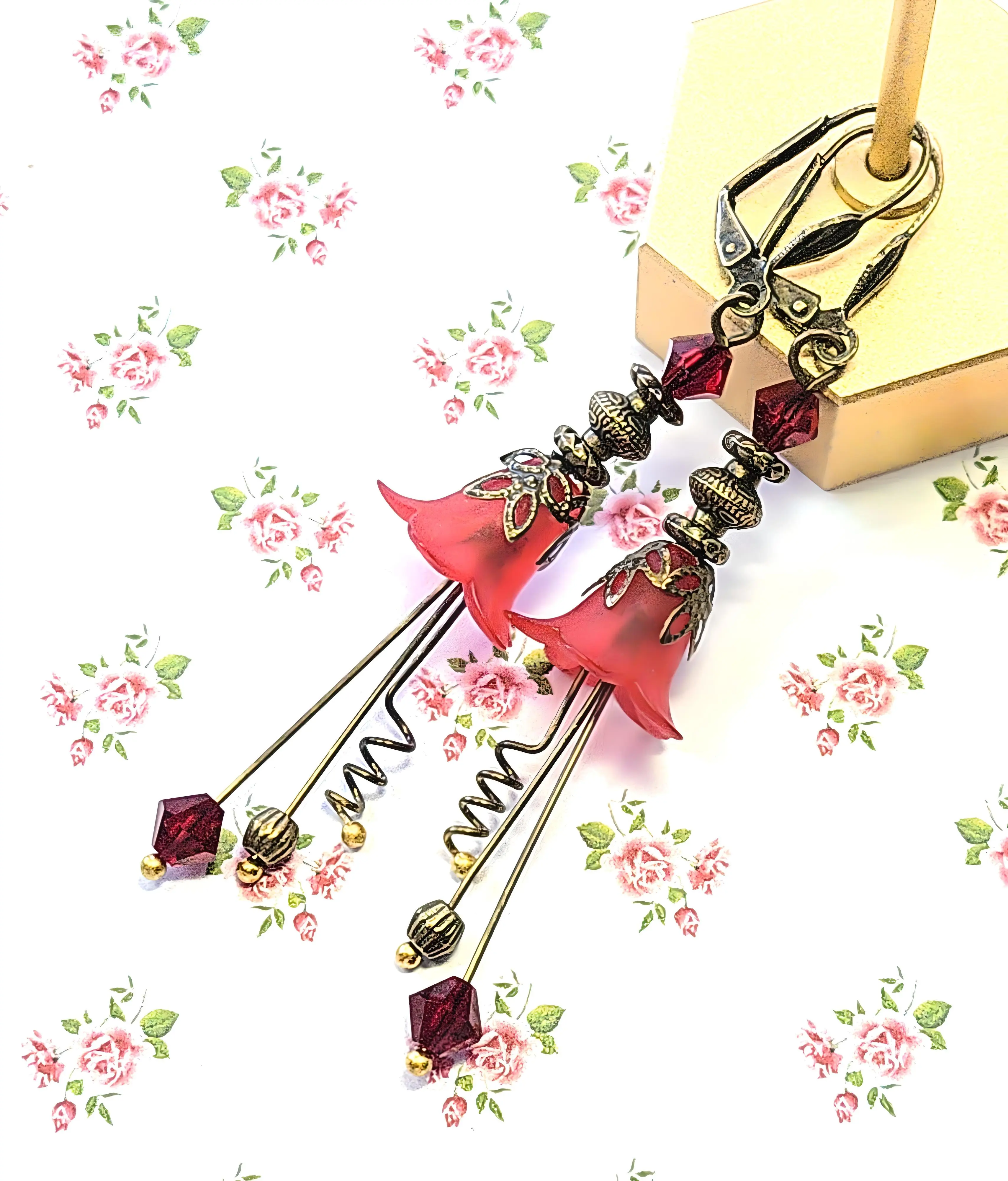 Chic Brico Vintage Victorian Style Siam Red and Antique Bronze Bell Flower Lucite Earrings