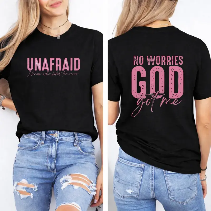 Women's Uplifting Spiritual Solid Cotton Fabric Round Neck T-Shirt - Smooth, Soft, Seamless Casual Top with "Unafraid" and "No Worries" Statements for Confident Faith Look, Tshirt, Printed, Graphic, Personal Message Graphic Women's T-Shirts, Religious Tex