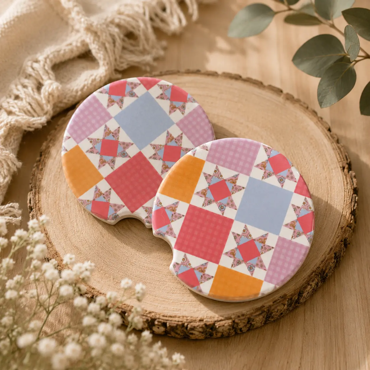 Quilt Pattern Car Coasters, Colorful Patchwork Cup Holder Coasters, Cottagecore Car Accessories, Cute Retro Car Decor, Gift for Her