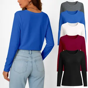 Women's 5-piece set of loose long-sleeved round neck classic T-shirt fall and winter tops casual minimalist white round neck street style basic models fashion bottom shirt stacked Slim tops Black U-Neck Long Sleeve T-Shirt