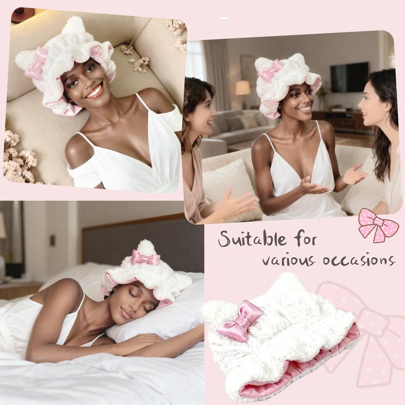 Worm Winter Luxurious White Teddy Bear Hat with Satin Adjustable 3D Texture Plush for Women Hair Care Sleep Bonnet Holiday Party Stylish Cute