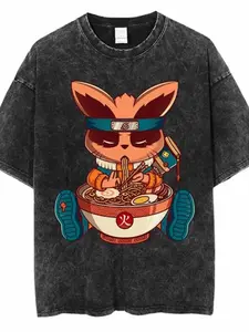 The Q-version theme of the Nine Lamas (Nine Tails) in Naruto features a distressed, Fitted Print T-shirt with a retro washed design that balances character recognition and cuteness through Nine Lamas personification and Naruto elements