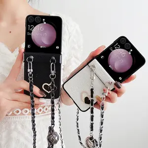 Sparkling Heart Phone Case with Hinge, Adjustable Crossbody Strap, Hard PC Back Panel, Fits Samsung Galaxy Z Flip 7 5g