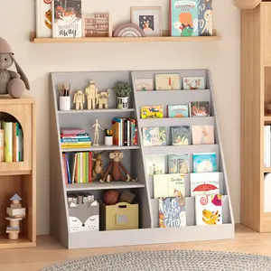Kids Bookshelf and Toy Storage Organizer, Multifunctional 4 Tier Wooden Kids Book Shelf with  Bookcase Display Stand in Kids Room Playroom Nursery for Kids, Children, Toddlers (Gray)