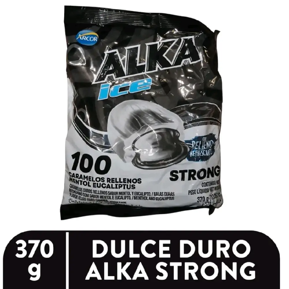 1 Bolsa De Alka Ice Strong Caramelo Relleno Refrescante Sabor mentol y eucalipto 100 und Negros