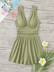 Women's Vintage Plaid Deep V Waist Cinched Jumpsuit Shorts, High-Waisted Ruched Slimming Fabric, Loose Wide Leg Pants for Pool Party Home Leisure, Casual Fitted