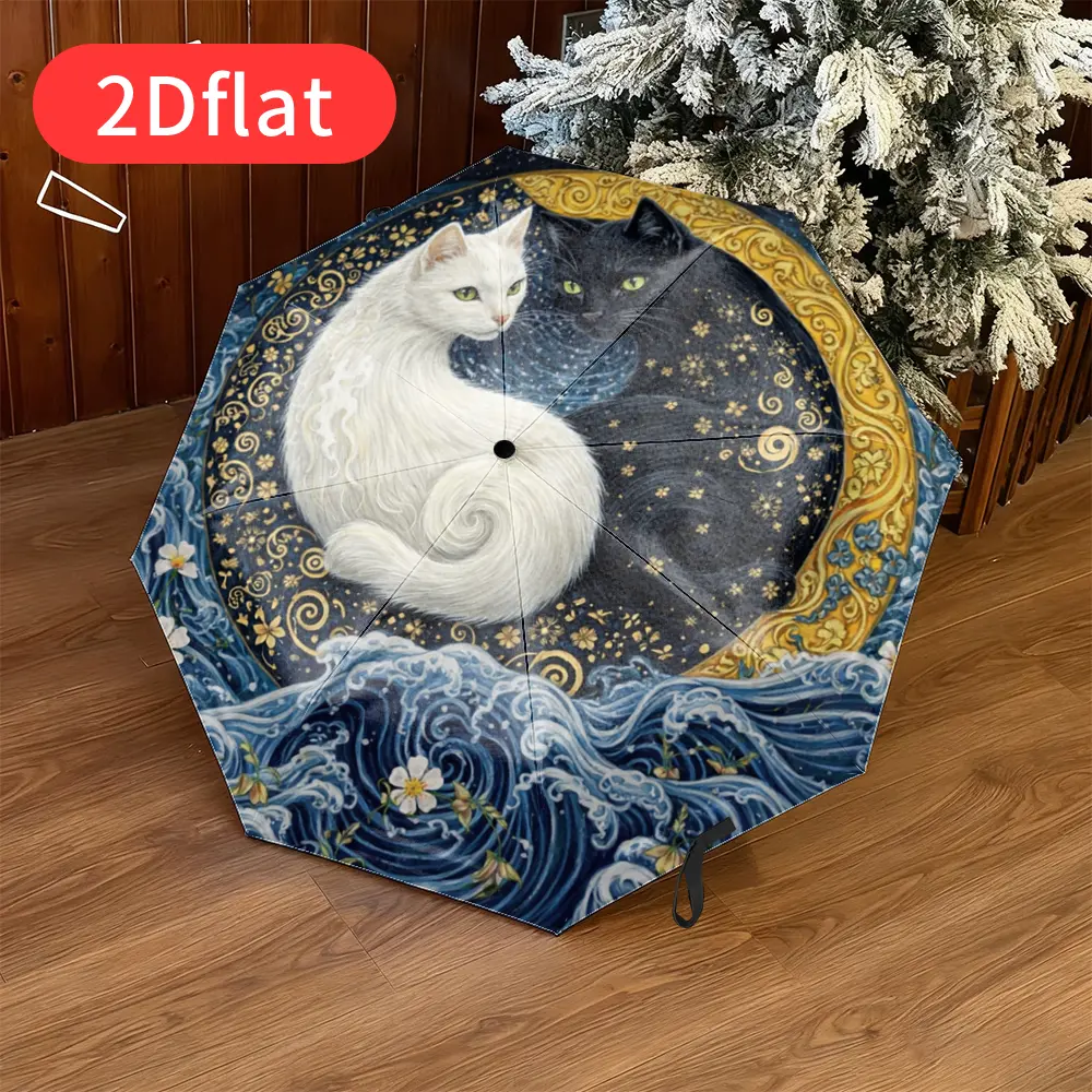 1 Automatic Open/Close Folding Umbrella with Auto-Fold Function – Compact Travel Umbrella, Lightweight Windproof Canopy, Elegant Black-and-White Cat Design with Floral Pattern – Perfect Gift for Cat Lovers, Everyday and