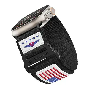 Rugged Nylon for Apple Watch Ultra/2 Band 49mm iWatch Bands 45mm 44mm 42mm Men,Soft Woven Adjustable Stars-Stripes Flag Wristbands Strap for iWatch Ultra Band 9/8/7/6/5/4/3/SE/Ultra2 44/45/49 mm Accessories Wearable