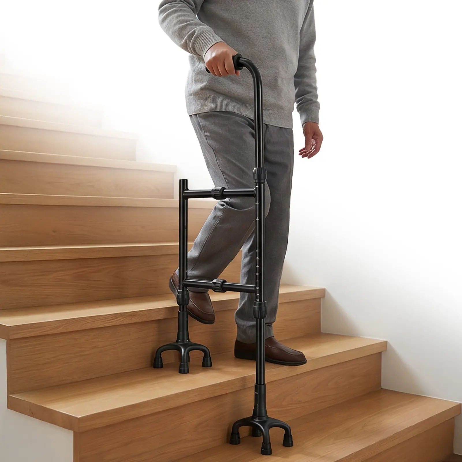 Stair Climbing Assist Cane, Adjustable Height and 8-prong Base, Heavy-duty Aluminum Support, Capacity 450 Pounds, Suitable for Stairs and Anti-slip Stair Aids on Flat Surfaces