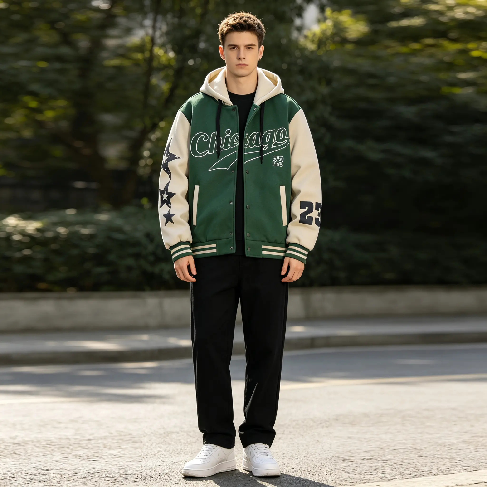 Men's Retro Hooded Bomber Varsity Jacket - Chicago 23 Letter Print, Star Pattern Color-Block Casual Street Fashion Outerwear Tops