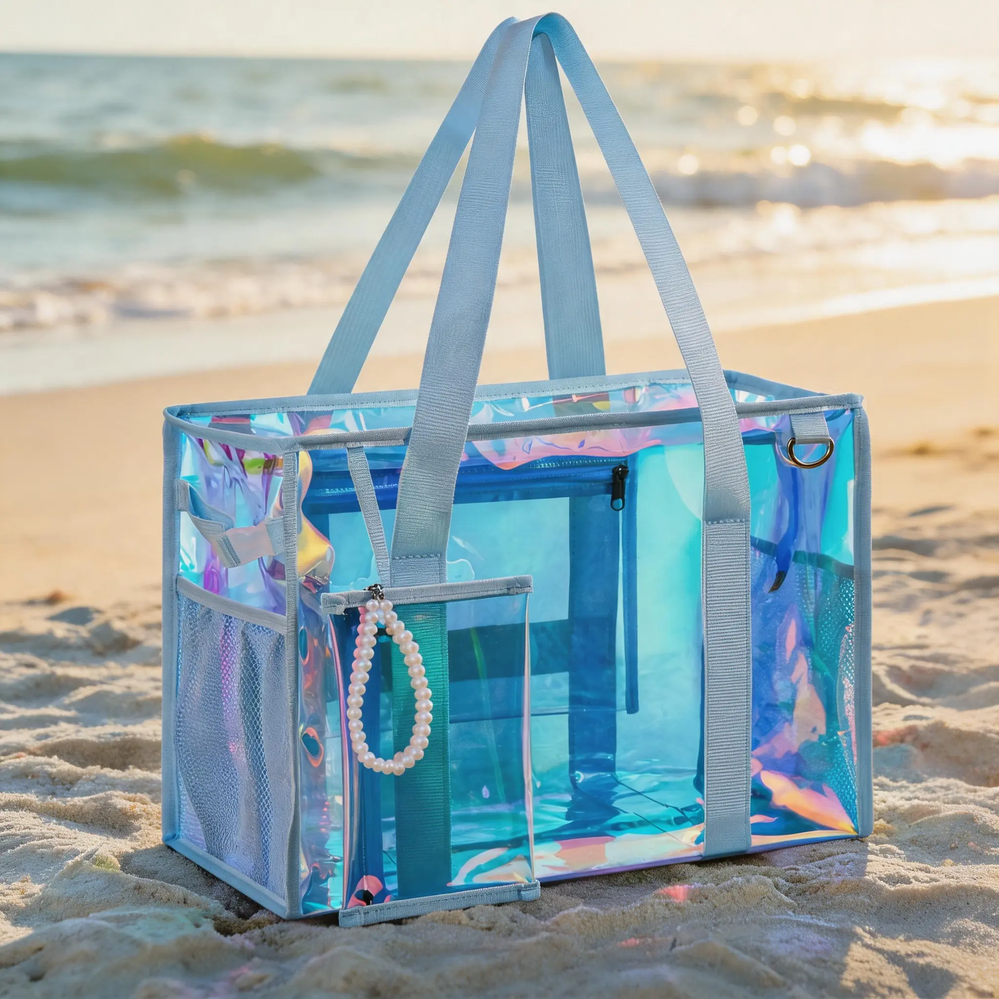 Jelly Tote Bag, Iridescent Beach Tote Bags for Women, Large Zipper Beach Pool Swim Bag with Makeup Bag, Waterproof Phone Pouch, Waterproof Sandproof, Large Travel Tote Bag