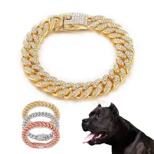 Rhinestone Dog Chain Collar Metal Chain Collar Luxury Stainless Steel Puppy Cat Chain Collar Dog Jewelry Shape Adjustable Dog Collars