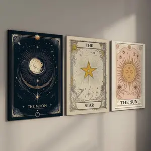 3 Pcs Stretched Canvas Tarot Wall Art, Sun Moon Stars Tarot Card Prints, Ready to Hang Gallery Wrapped Posters, Boho Mystical Celestial Decor, Witchy Aesthetic Sun & Moon Murals for Bedroom, Living Room, Modern Occult Artwork Gift