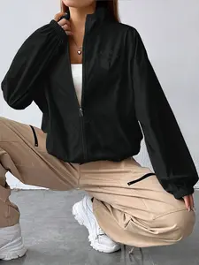 1-piece set of ladies' spring/autumn Casual stylish and beautiful chest printed cartoon bird and F - CAW - F pattern leisure stand collar zipper long sleeve quick-dry drawstring Fitted jacket, windproof and warm, various colors available, Womenswear