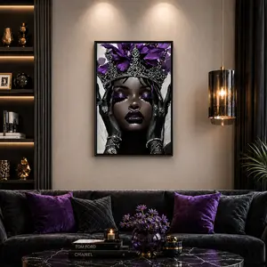 African American Canvas Wall Decor Art Posters Purple Fashion Black Art Print Woman Pictures with Crown African Queen Painting Home Decor Framed, Wooden Framed Wall Art, Wrapped Canvas Vintage Prints Poster Decoration Artistic Photo Ornaments
