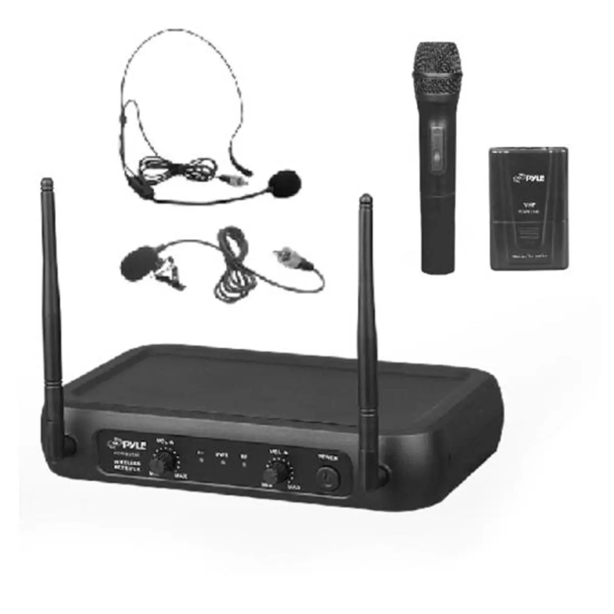 Pyle Wireless VHF Fixed Frequency Radio Microphone System for Podcast Setup - 2-Channel Dual Channels Handheld Mics, 174~216MHz, Broad Audio Response, Narrowband, High SNR, Adjustable Settings, Included Receiver