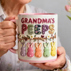 Grandma’s Peeps Easter Faux 3D Mug, Cute Bunny Charm Floral Design Coffee Cup, Gift for Grandma Spring Holiday, Family Love Cozy Daily Use Mug
