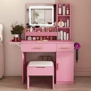 Makeup Vanity Desk with Mirror and Lights, Vanity Table with Charging Station, Drop-Leaf Countertop, Storage Stool, Cabinet & Drawers, 3 Color Adjustable LED Mirror, Modern Vanity Set for Bedroom,Pink