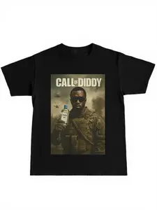 Call of Diddy Military Style Hip-Hop Short Sleeve T-Shirt, Unisex Gaming Fashion, Streetwear Party Trendy Top, Casual Fitted Long Print Tee