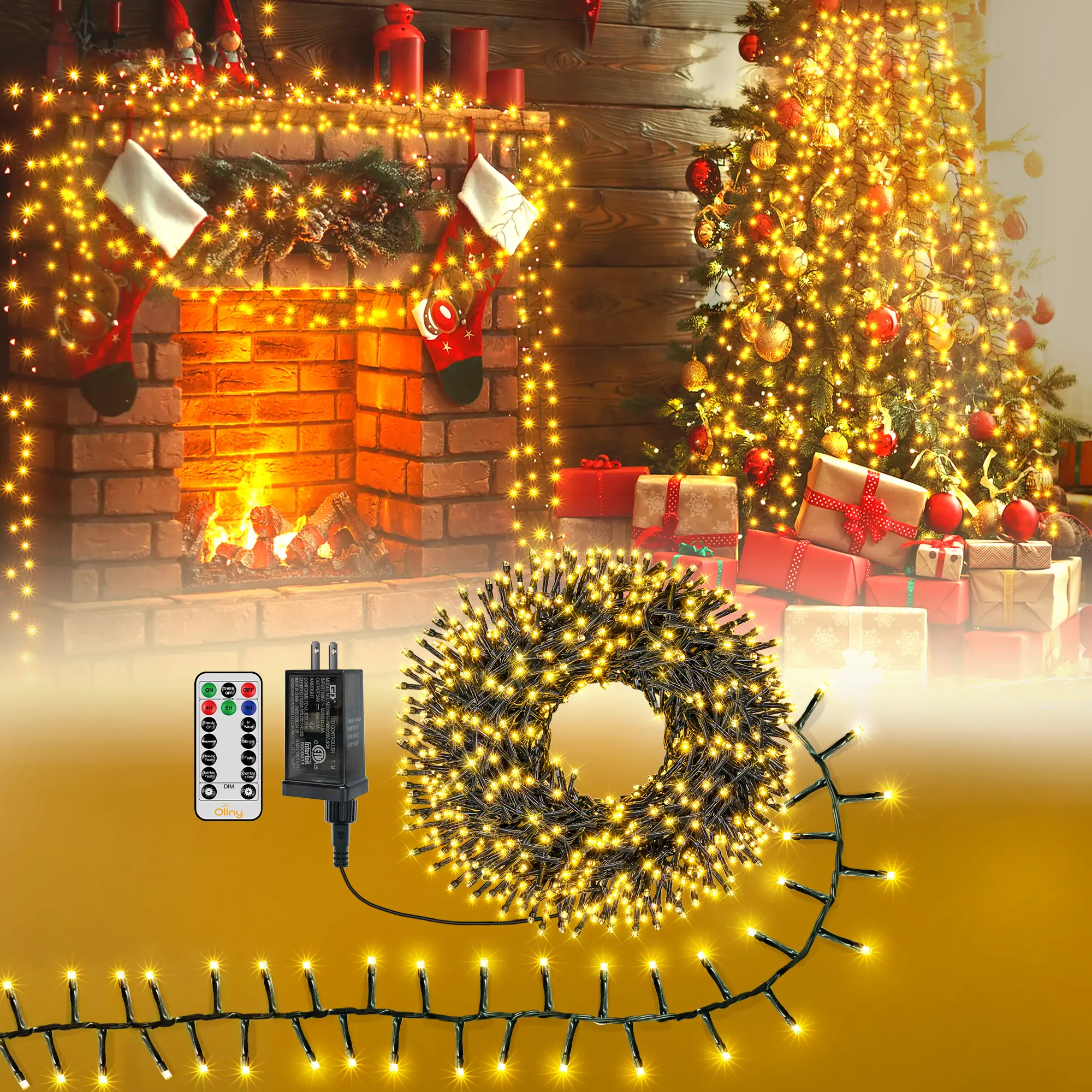 Ollny Cluster Christmas Lights, Christmas Tree Lights 8 Modes Timer Remote, Waterproof String for Outdoor Indoor Outside Garland Xmas  Weddings Party Holidays Decorations